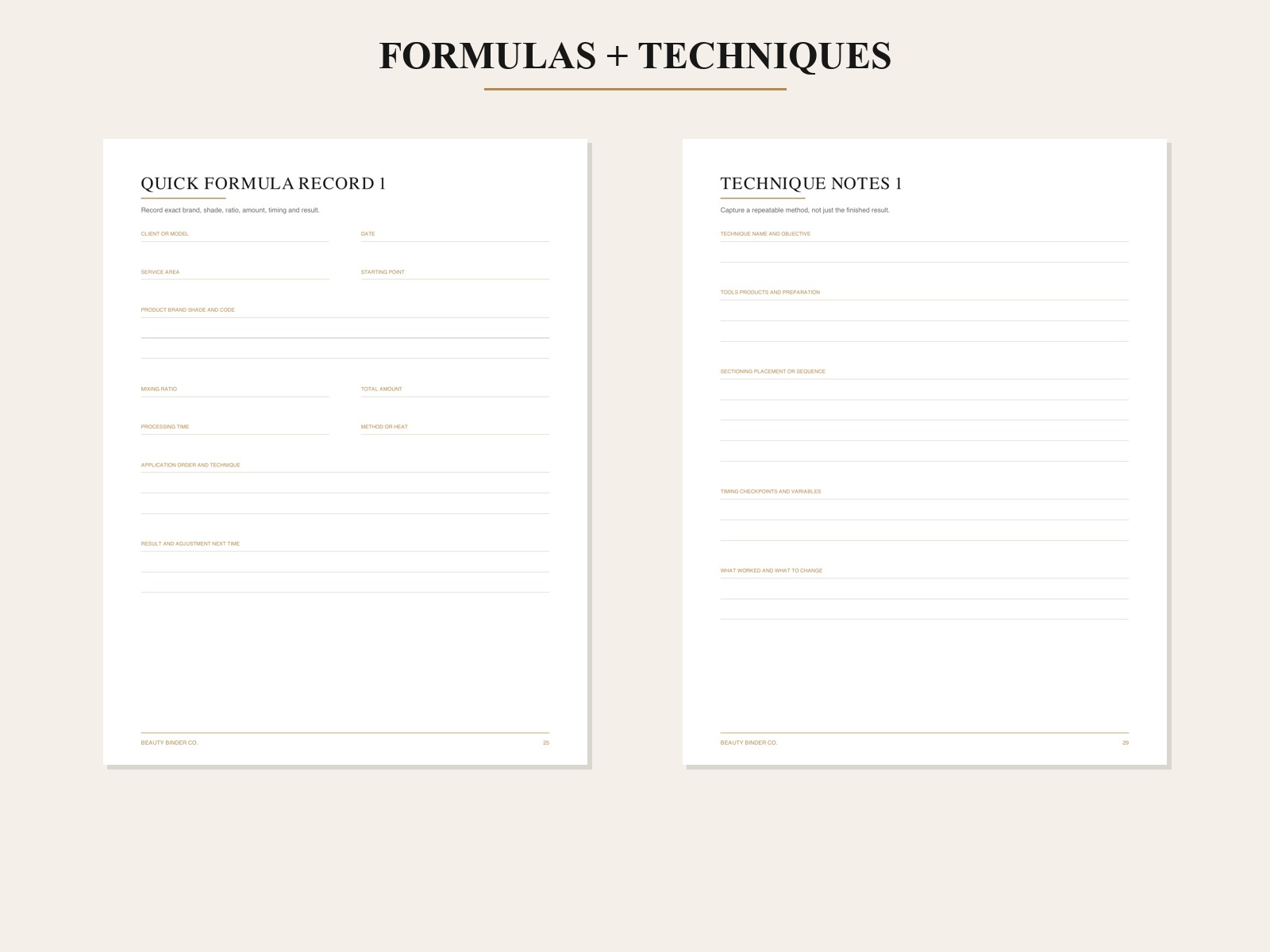 Formula and technique pages from the binder
