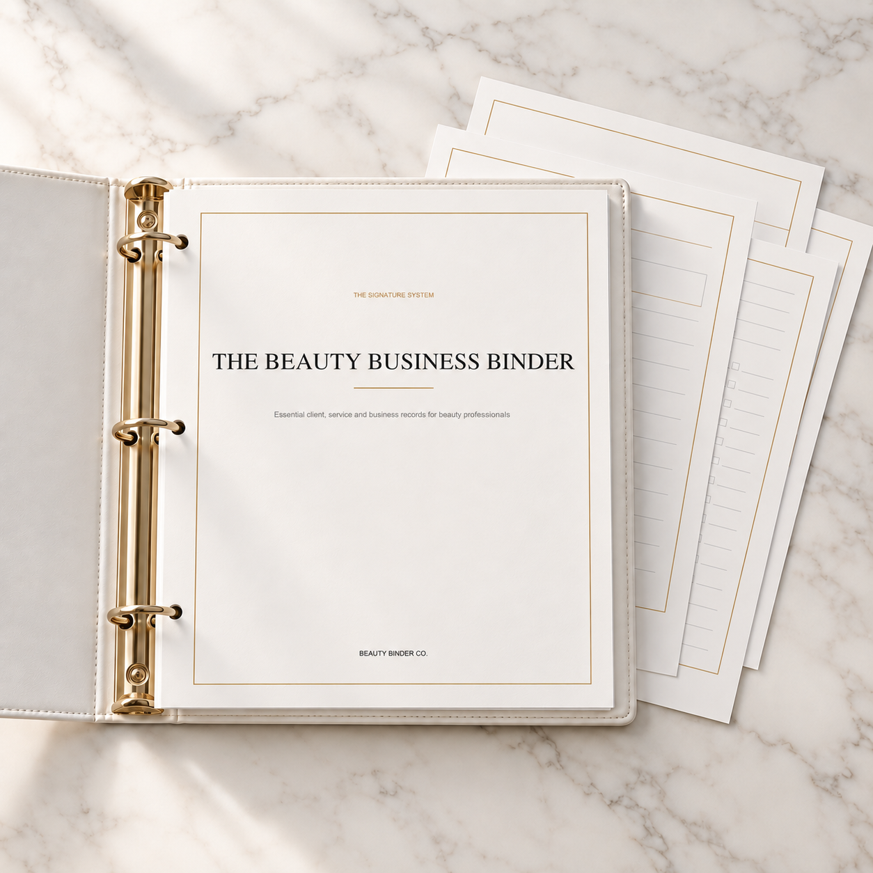 The Beauty Business Binder displayed in a white ring binder